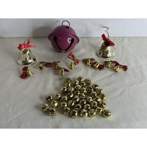 Vintage Christmas Bell Lot Jingle Ornaments Gold Red Bow Taiwan Craft Decor